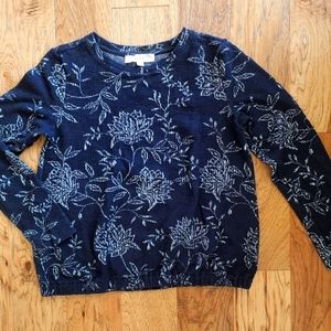 Textured sweater, small ,dark blue with white flower print